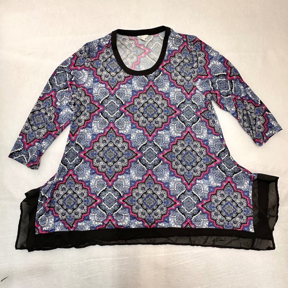 Cato Womens Large Blue Pink Medallion Paisley Sharkbite Hem Tunic Top 3/4 Sleeve